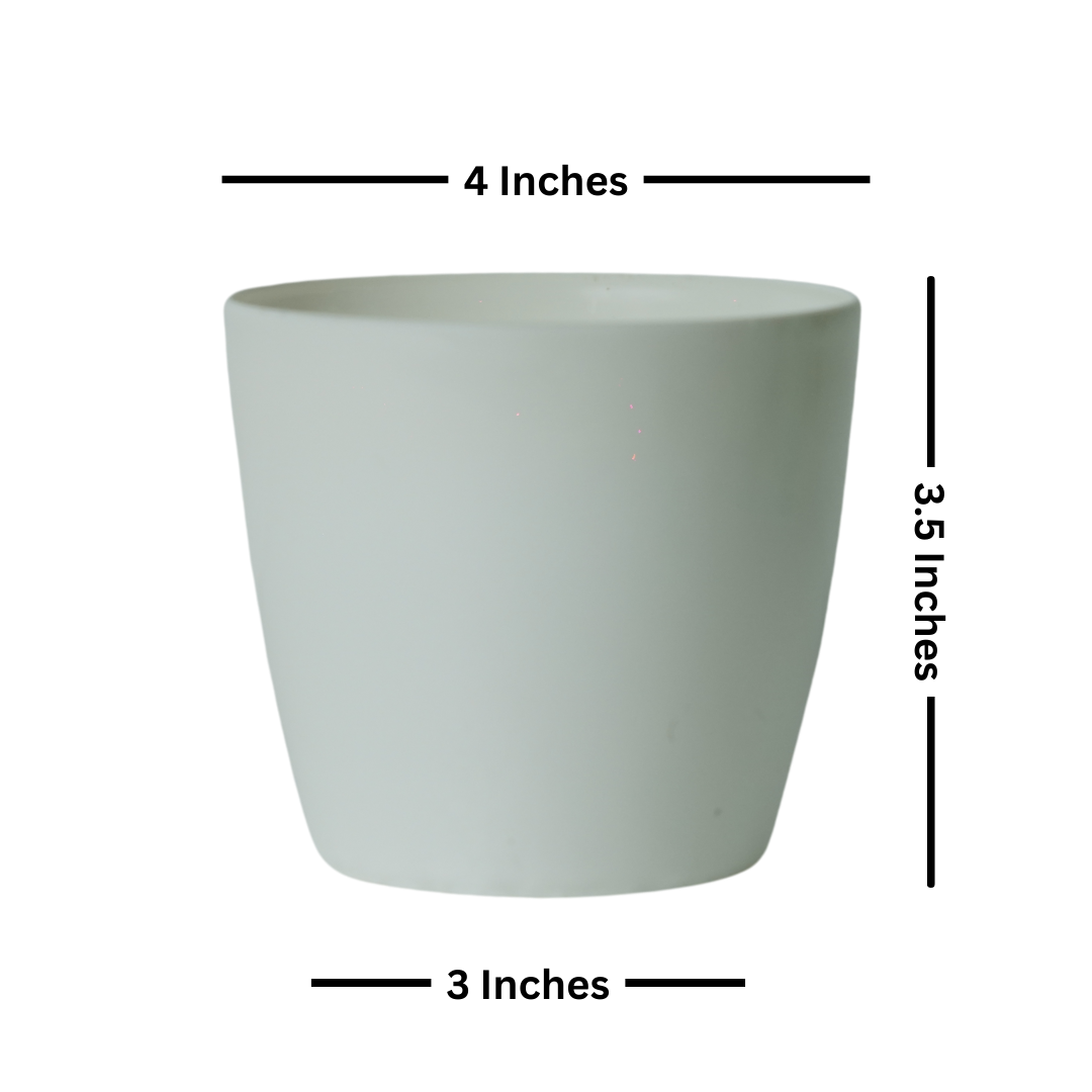 This 4" White pot has got its diameter 4 inches, base 3 inches and the height being 3.5inches. Very much apt for succulents, small herbs for table tops.